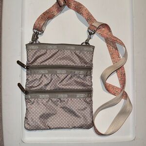 LeSportSac Pink Polka Dots on Gray 3-Pocket Crossbody Bag/Purse -Great Condition